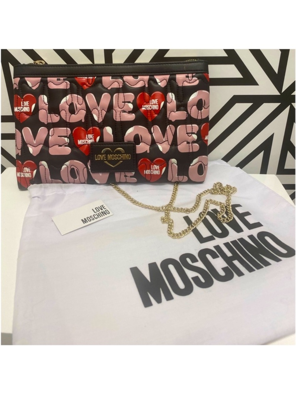 Love Moschino Pink & Red Quilted Heart-Logo Crossbody with Gold Chain